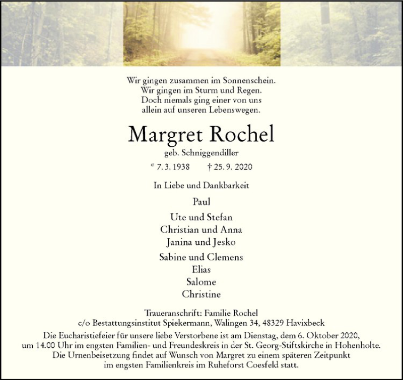  Traueranzeige für Magret Rochel vom 03.10.2020 aus Westfälische Nachrichten