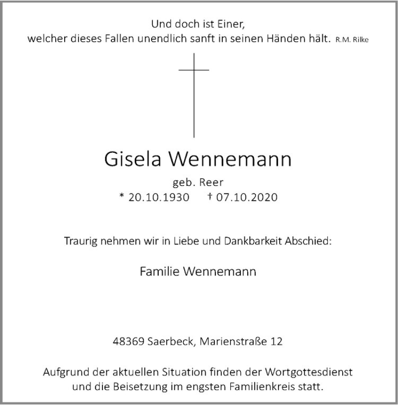  Traueranzeige für Gisela Wennemann vom 10.10.2020 aus Westfälische Nachrichten