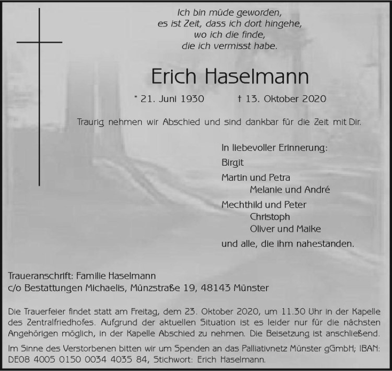  Traueranzeige für Erich Haselmann vom 17.10.2020 aus Westfälische Nachrichten
