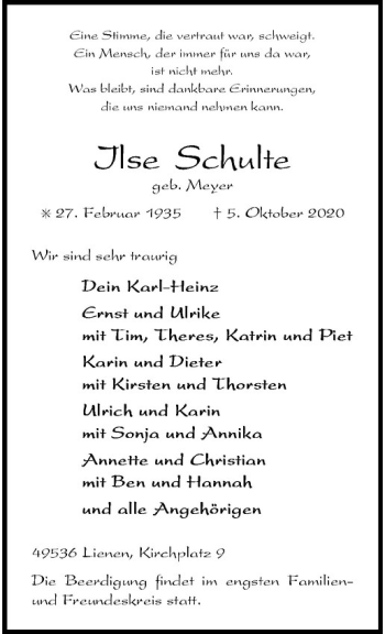 Anzeige von Ilse Schulte von Westfälische Nachrichten