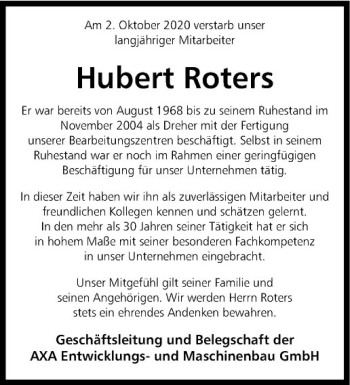 Anzeige von Hubert Roters von Westfälische Nachrichten
