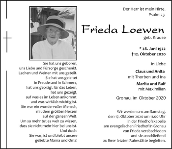 Anzeige von Frieda Loewen von Westfälische Nachrichten
