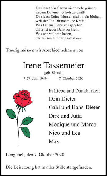 Anzeige von Irene Tassemeier von Westfälische Nachrichten