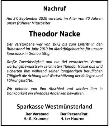 Anzeige von Theodor Nacke von Westfälische Nachrichten