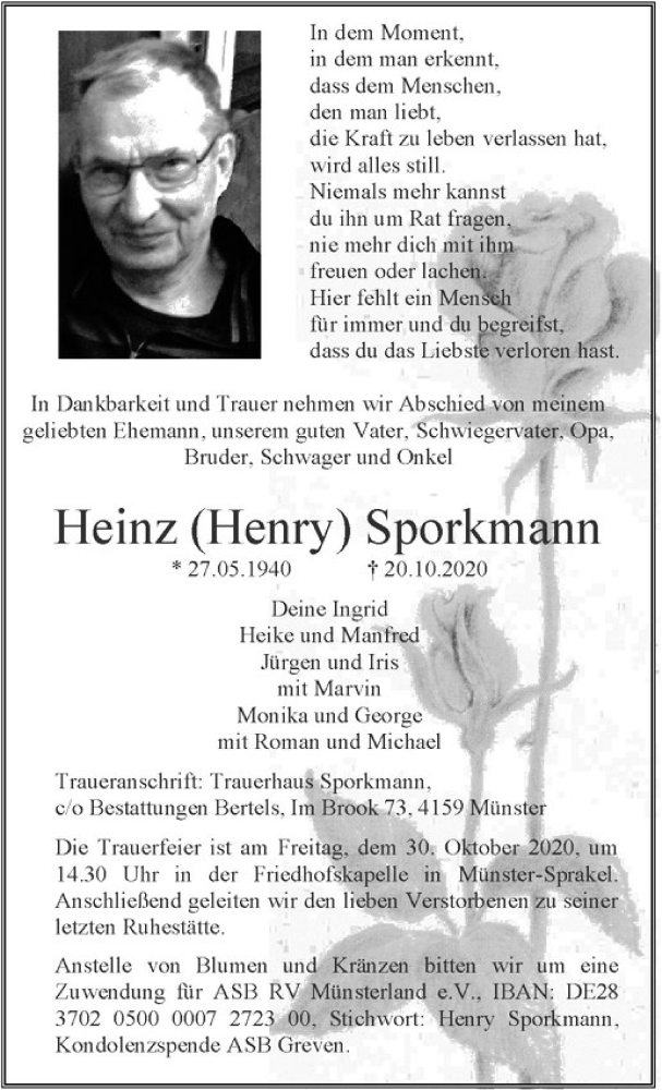  Traueranzeige für Heinz Sporkmann vom 24.10.2020 aus Westfälische Nachrichten