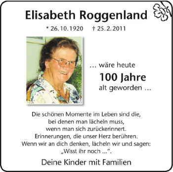 Anzeige von Elisabeth Roggenland von Westfälische Nachrichten