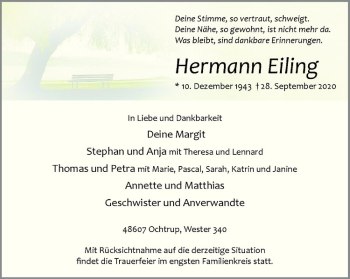 Anzeige von Hermann Eiling von Westfälische Nachrichten