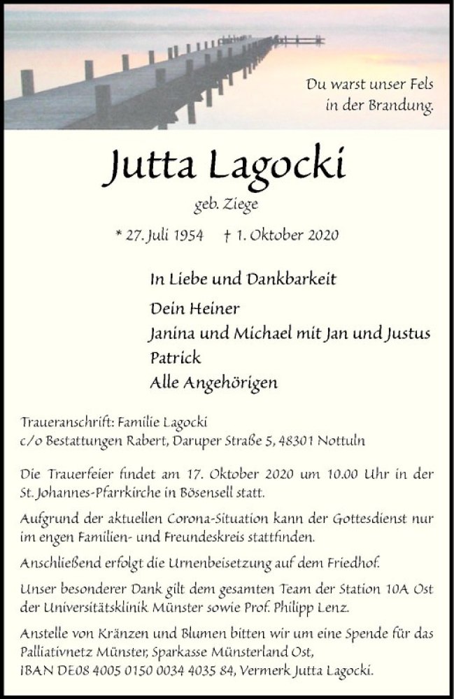  Traueranzeige für Jutta Lagocki vom 10.10.2020 aus Westfälische Nachrichten