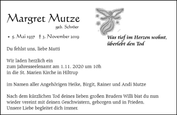 Anzeige von Margret Mutze von Westfälische Nachrichten