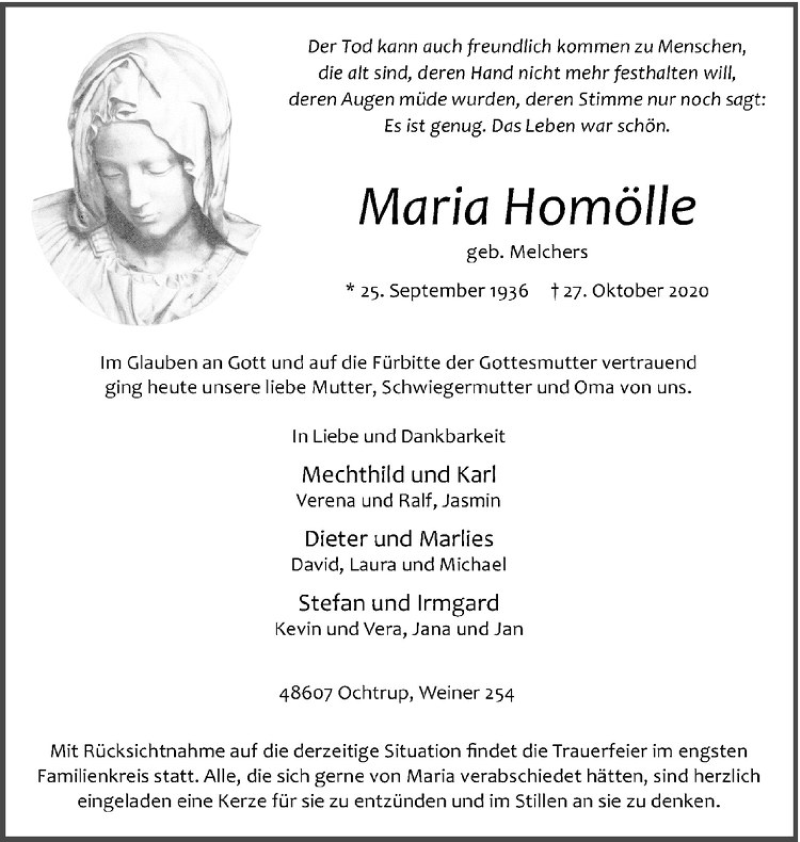  Traueranzeige für Maria Homölle vom 29.10.2020 aus Westfälische Nachrichten