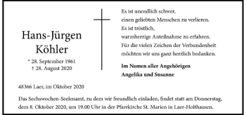 Anzeige von Hans-Jürgen Köhler von Westfälische Nachrichten