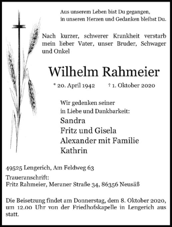 Anzeige von Wilhelm Rahmeier von Westfälische Nachrichten