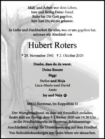 Anzeige von Hubert Roters von Westfälische Nachrichten