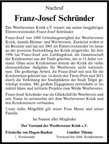 Anzeige von Franz-Josef Schründer von Westfälische Nachrichten