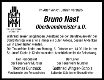 Anzeige von Bruno Nast von Westfälische Nachrichten