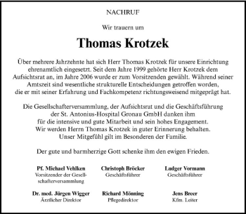 Anzeige von Thomas Krotzek von Westfälische Nachrichten