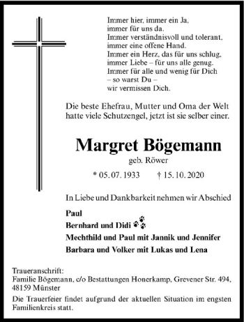 Anzeige von Margret Bögemann von Westfälische Nachrichten
