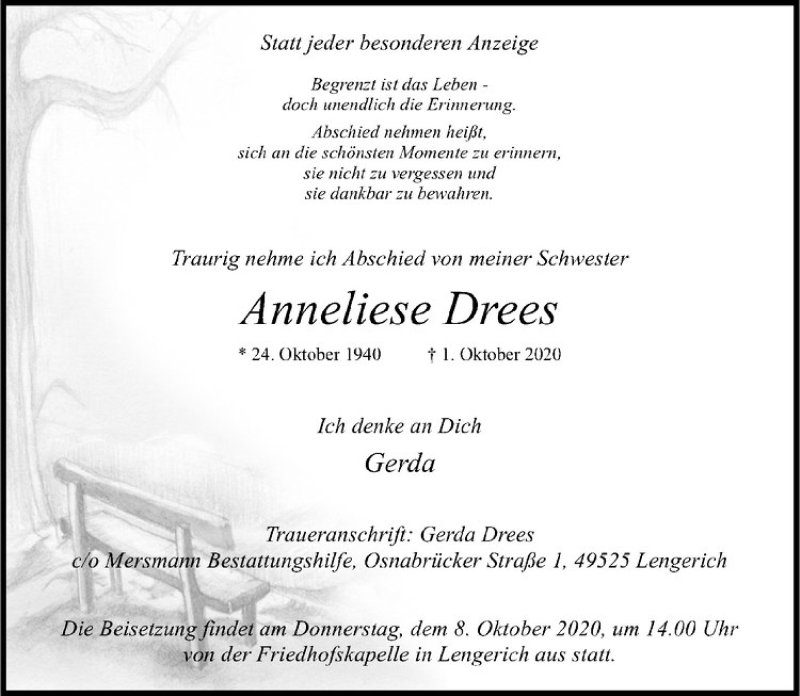  Traueranzeige für Anneliese Drees vom 06.10.2020 aus Westfälische Nachrichten
