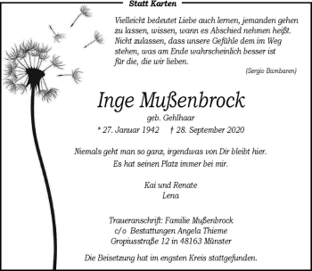 Anzeige von Inge Mußenbrock von Westfälische Nachrichten