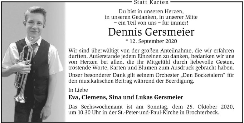  Traueranzeige für Dennis Gersmeier vom 22.10.2020 aus Westfälische Nachrichten