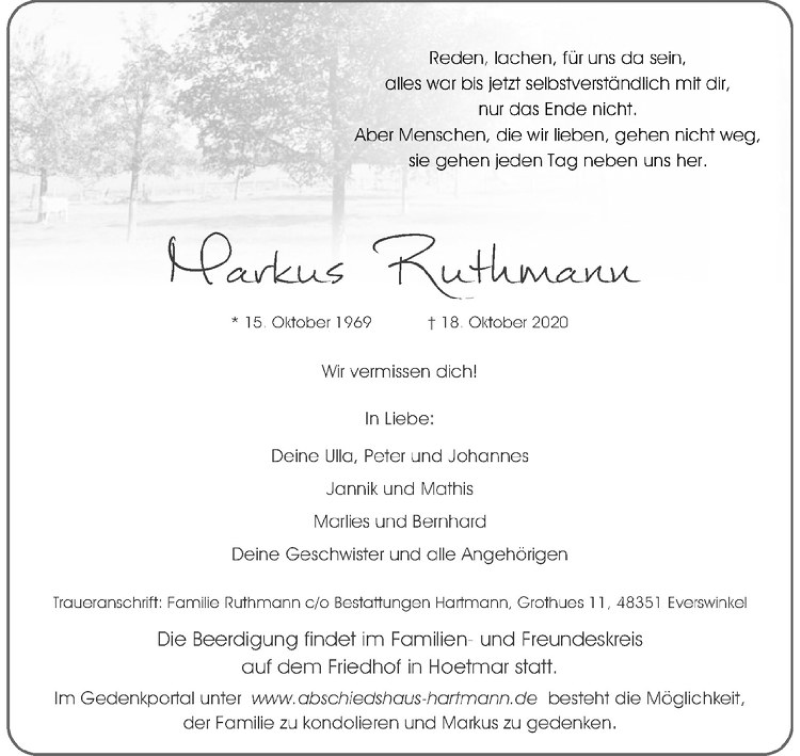  Traueranzeige für Markus Ruthmann vom 21.10.2020 aus Westfälische Nachrichten
