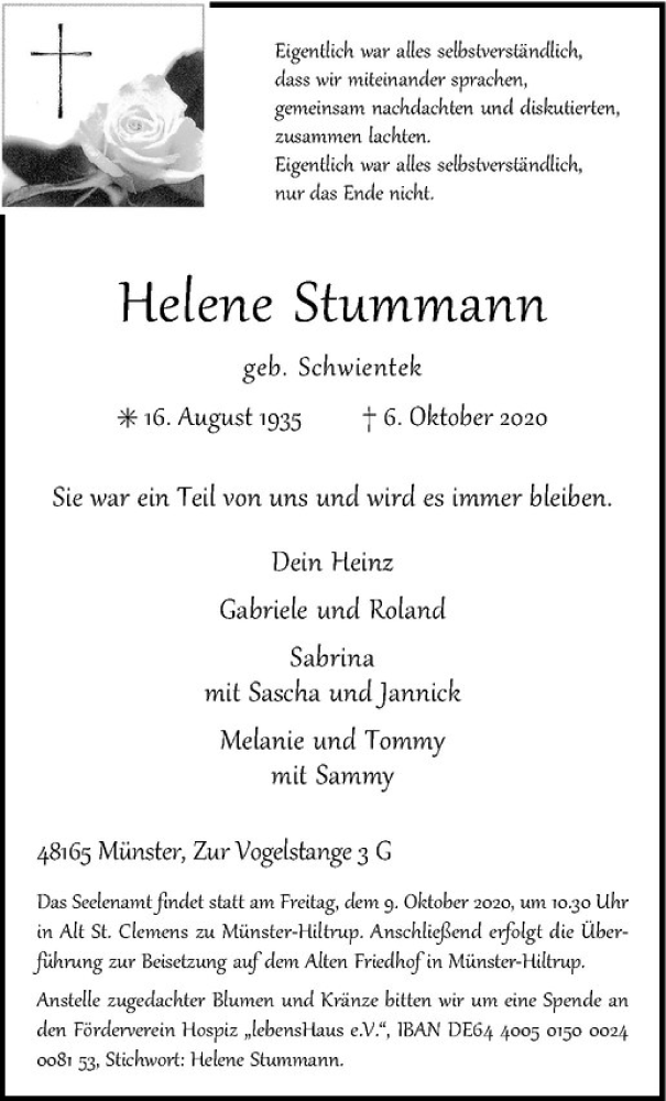  Traueranzeige für Helene Stummann vom 08.10.2020 aus Westfälische Nachrichten