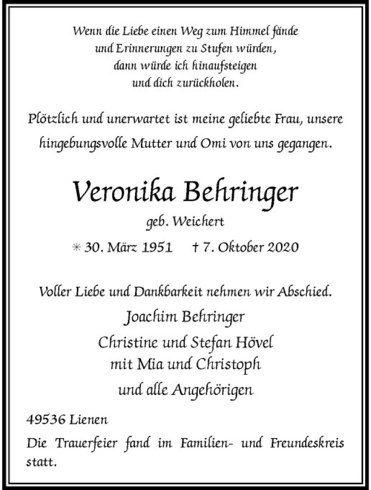  Traueranzeige für Veronika Behringer vom 14.10.2020 aus Westfälische Nachrichten