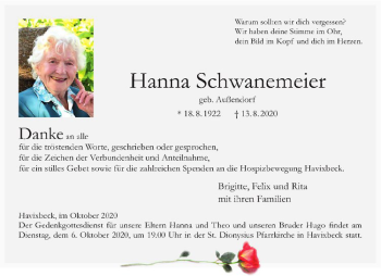 Anzeige von Hanna Schwanemeier von Westfälische Nachrichten