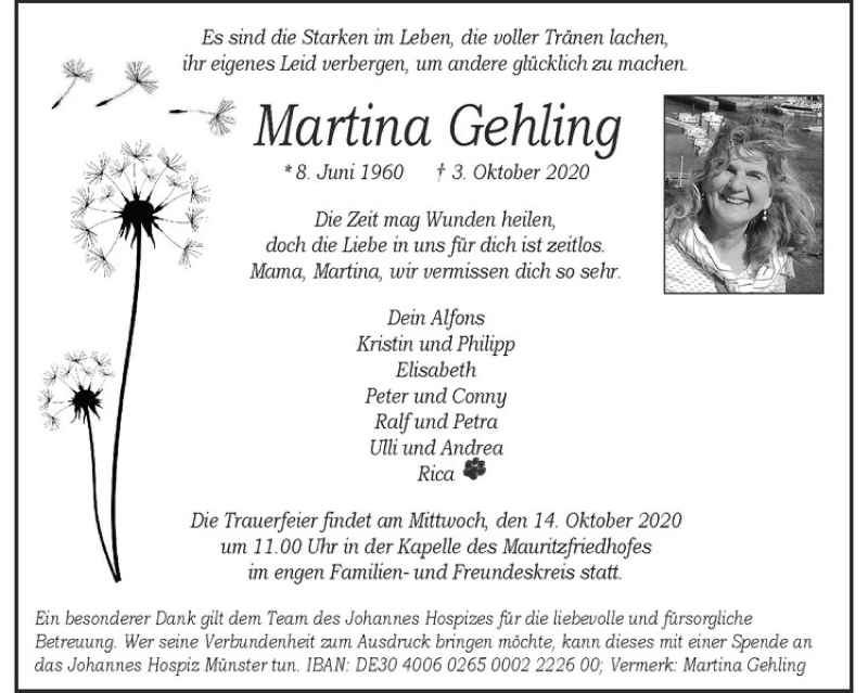  Traueranzeige für Martina Gehling vom 10.10.2020 aus Westfälische Nachrichten