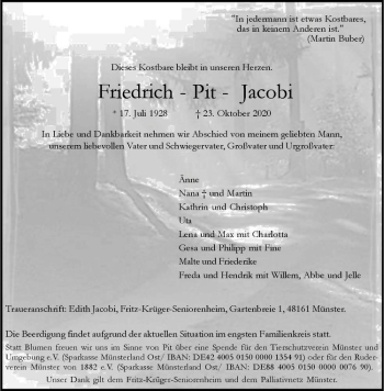 Anzeige von Friedrich Pit Jacobi von Westfälische Nachrichten
