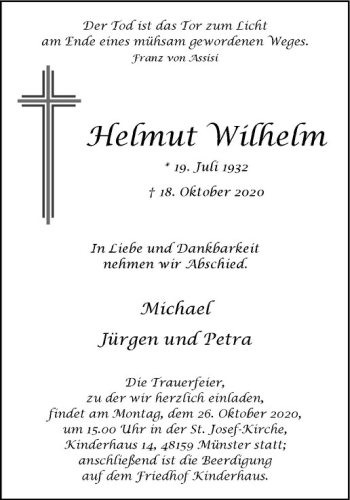 Anzeige von Helmut Wilhelm von Westfälische Nachrichten