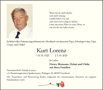 Anzeige von Kurt Lorenz von Westfälische Nachrichten
