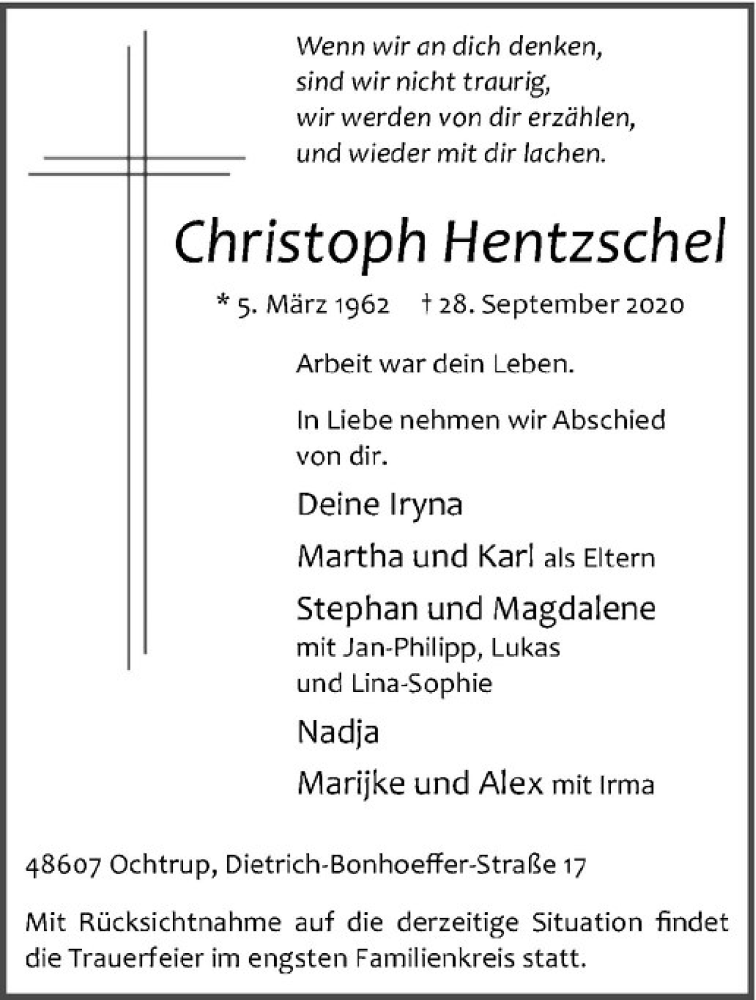  Traueranzeige für Christoph Hentzschel vom 01.10.2020 aus Westfälische Nachrichten