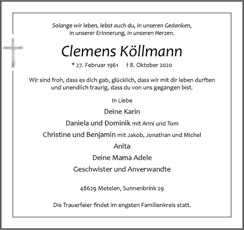  Traueranzeige für Clemens Köllmann vom 10.10.2020 aus Westfälische Nachrichten