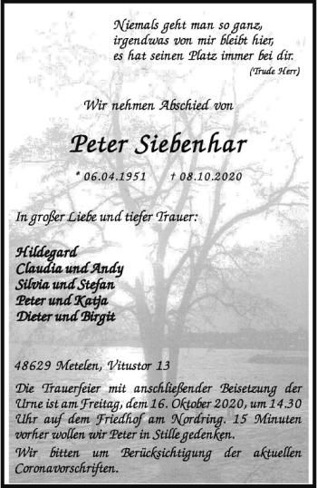 Anzeige von Peter Siebenhar von Westfälische Nachrichten