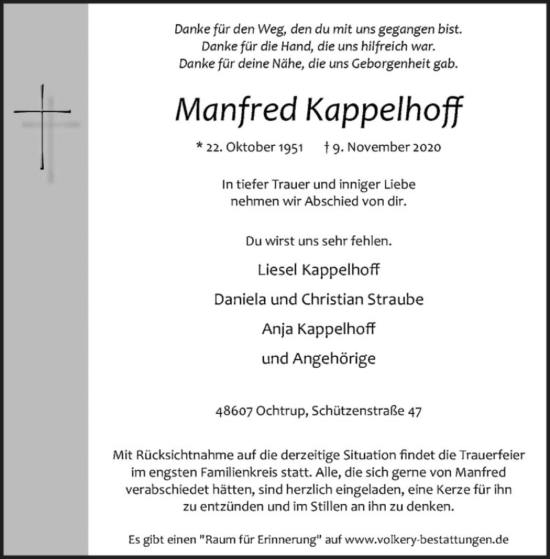  Traueranzeige für Manfred Kappelhoff vom 12.11.2020 aus Westfälische Nachrichten