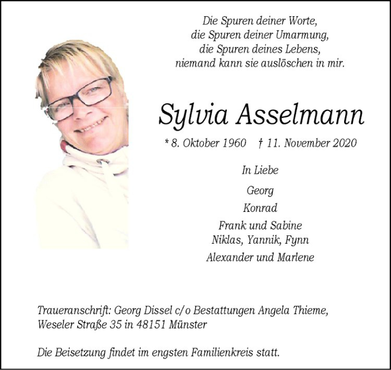  Traueranzeige für Sylvia Asselmann vom 14.11.2020 aus Westfälische Nachrichten