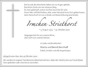 Anzeige von Irmchen Striethorst von Westfälische Nachrichten