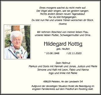 Anzeige von Hildegard Kottig von Westfälische Nachrichten