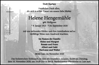 Anzeige von Helene Hengemühle von Westfälische Nachrichten