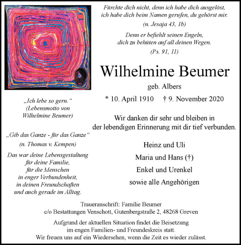  Traueranzeige für Wilhelmine Beumer vom 14.11.2020 aus Westfälische Nachrichten