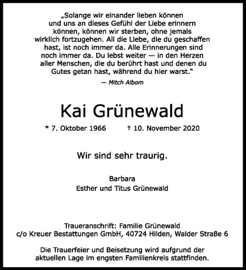  Traueranzeige für Kai Grünewald vom 18.11.2020 aus Westfälische Nachrichten