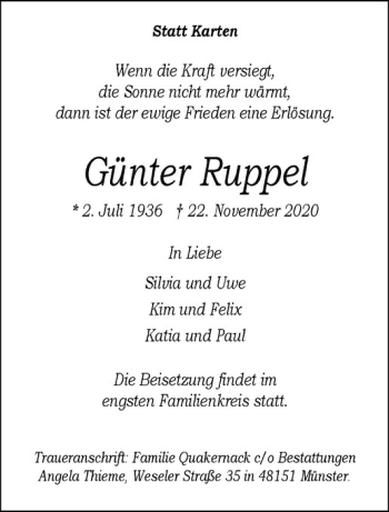 Anzeige von Günter Ruppel von Westfälische Nachrichten