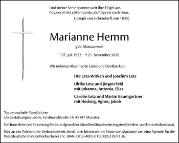 Anzeige von Marianne Hemm von Westfälische Nachrichten