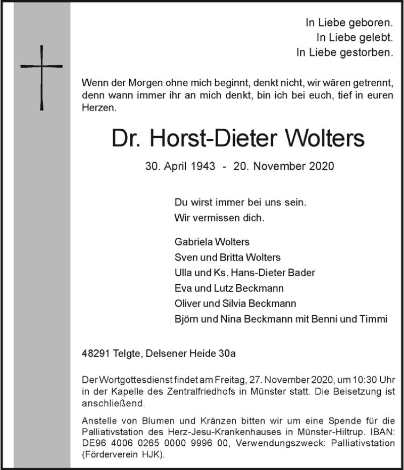  Traueranzeige für Horst-Dieter Wolters vom 25.11.2020 aus Westfälische Nachrichten