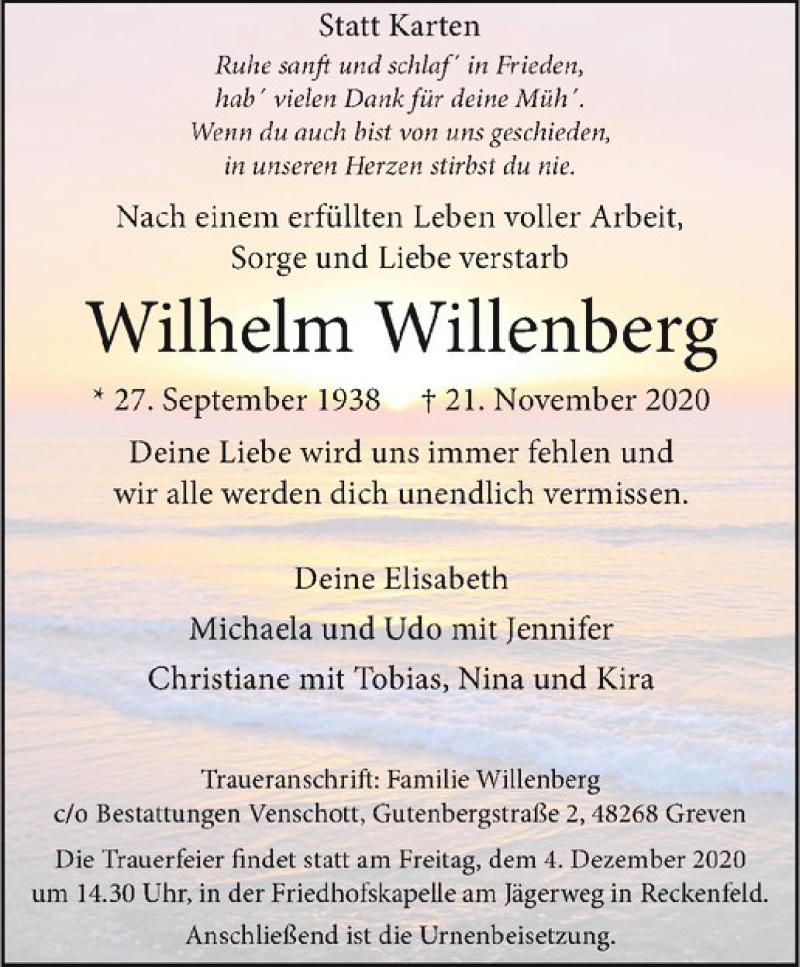  Traueranzeige für Wilhelm Willenberg vom 28.11.2020 aus Westfälische Nachrichten