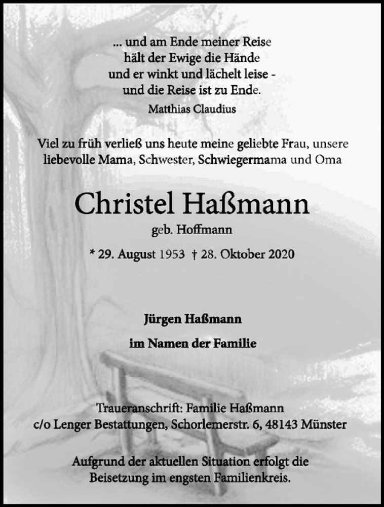  Traueranzeige für Christel Haßmann vom 04.11.2020 aus Westfälische Nachrichten