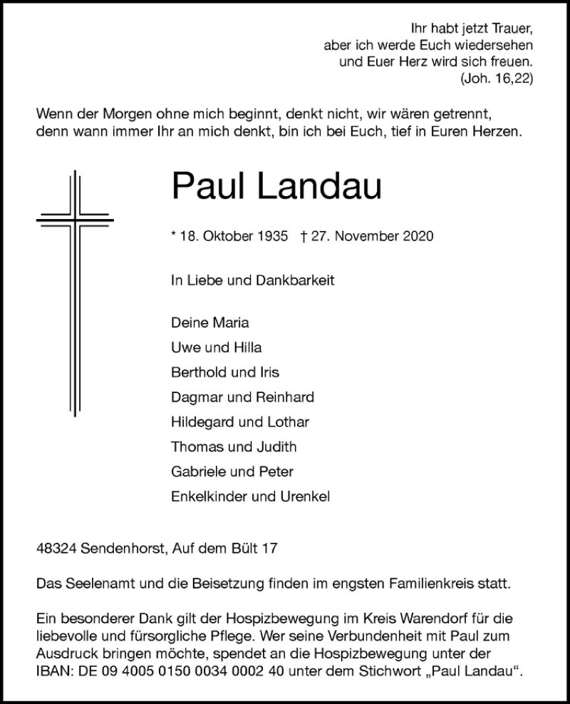  Traueranzeige für Paul Landau vom 28.11.2020 aus Westfälische Nachrichten