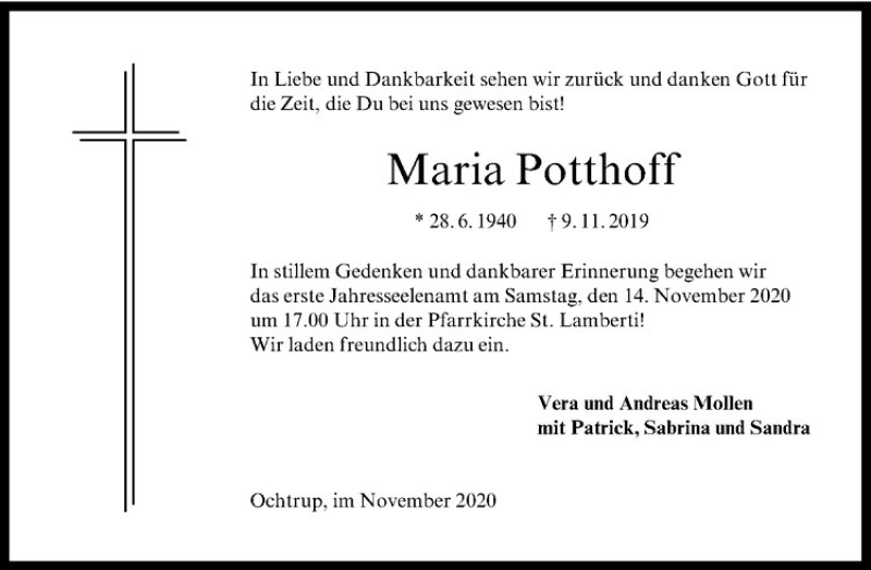  Traueranzeige für Maria Potthoff vom 07.11.2020 aus Westfälische Nachrichten