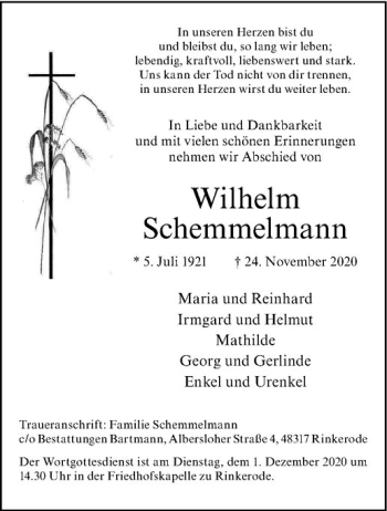 Anzeige von Wilhelm Schemmelmann von Westfälische Nachrichten